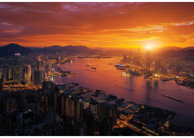 Флис Фототапет Залез над пристанище Виктория в Хонконг- панорамен изглед